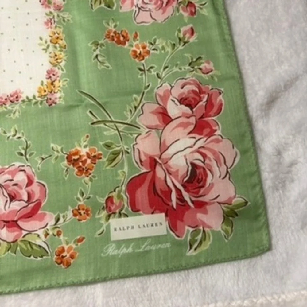 Vtg RALPH LAUREN Scarf Handkerchief Floral Cotton Green Yellow Pink 20